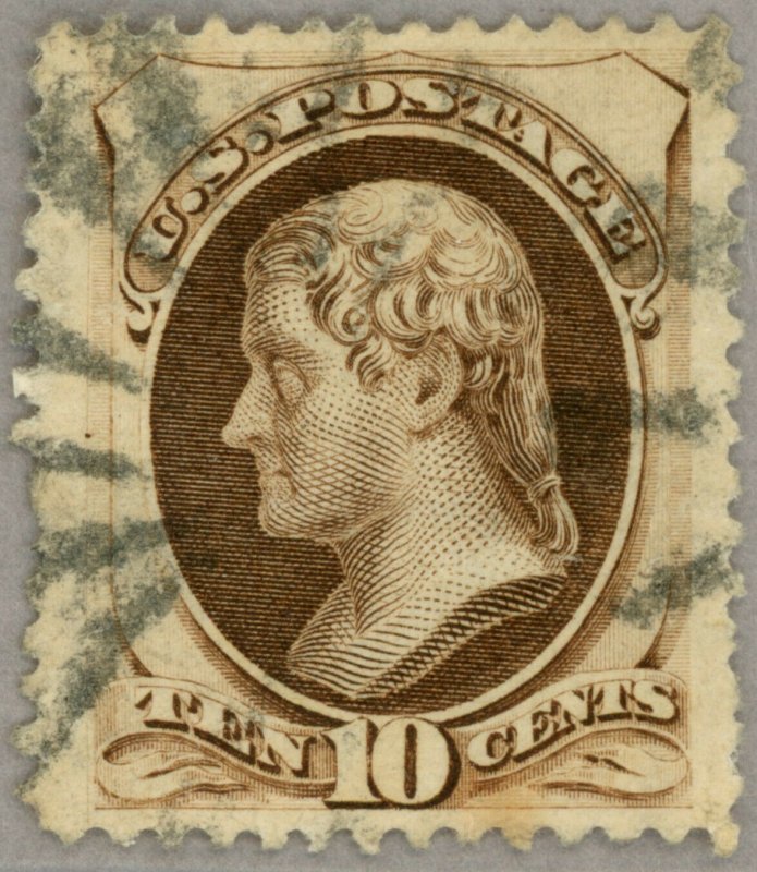 US Scott#161 XF Jumbo margins 1873 10c Jefferson, face-free cancel