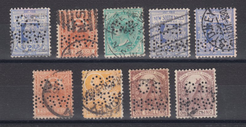 New South Wales SG 293b/348 used 1897-1908 Officials, 9 different OS/NSW perfins