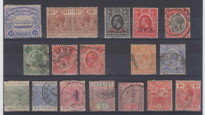 BC 1890-1910 GROUP OF 18 STAMPS ON CARD SOLOMON, NYASSALAND, TANGANIKA, UGANDA+