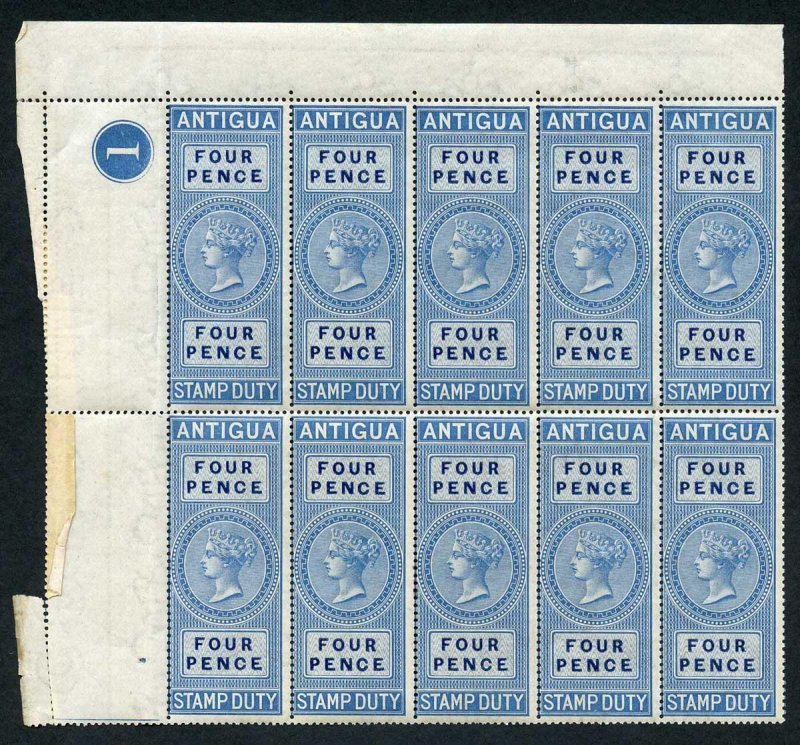 Antigua 1870 4d Stamp Duty Plate Block of 10 U/M (some very light ageing) 