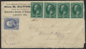 Scott # 156 & (4) # 158  Lot E 309  on Envelope Mailed to Franklin, Co. IN  Used