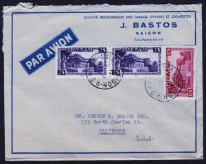 Vietnam Commercial Air Mail Cover: Saigon to Baltimore USA, Sc # 8 and 11,1950s