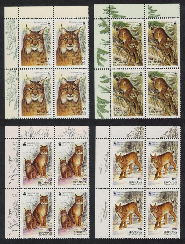 Belarus WWF Eurasian Lynx 4v Corner Blocks of 4 SG#406-409 MI#373-376 SC#354-357