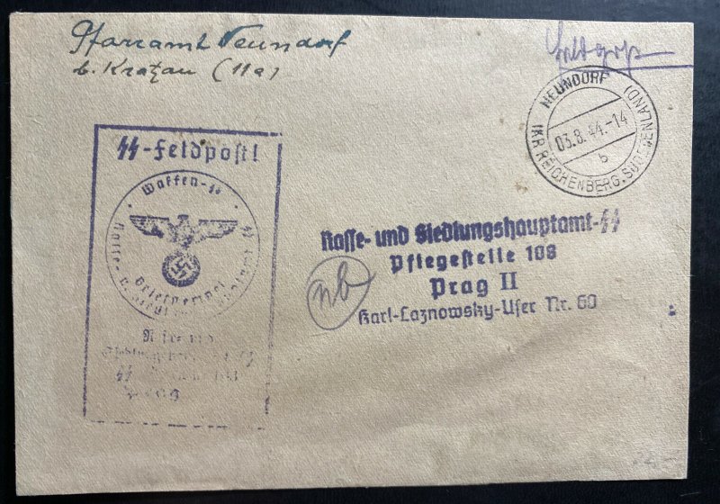 1944 Neundorf Germany Waffen SS Feldpost Front Cover To Prague Bohemia Moravia