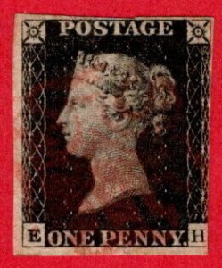 GBR SC #1 U (E,H) 1840 Queen Victoria 3+ margins, CV $375.00