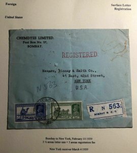 1939 Bombay India Commercial Registered Cover To New York USA
