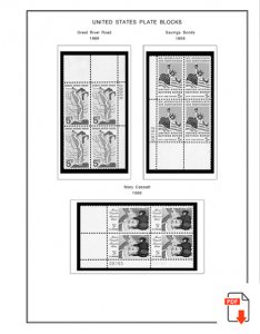 US 1960-1969 PLATE BLOCKS STAMP ALBUM PAGES (68 PDF b&w illustrated pages)