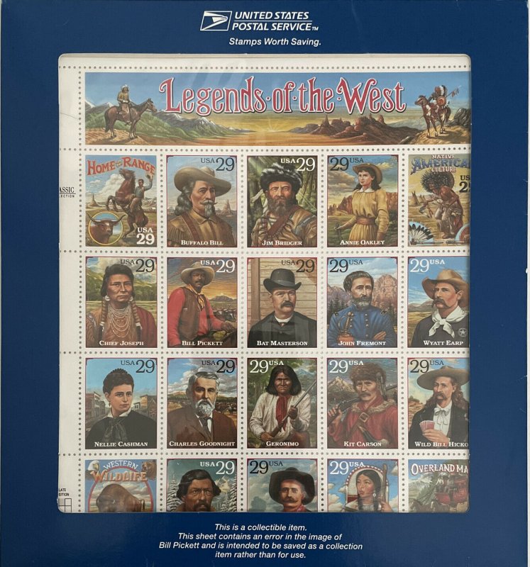 Sc 2870 RECALLED LEGENDS OF THE WEST 20 US 29¢ Stamps MNH Unmarred Blue Folder