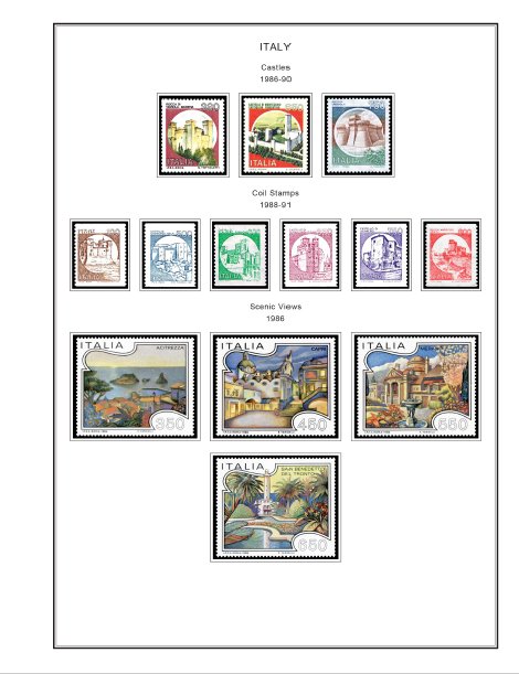 COLOR PRINTED ITALY 1966-1989 STAMP ALBUM PAGES (79 illustrated pages)