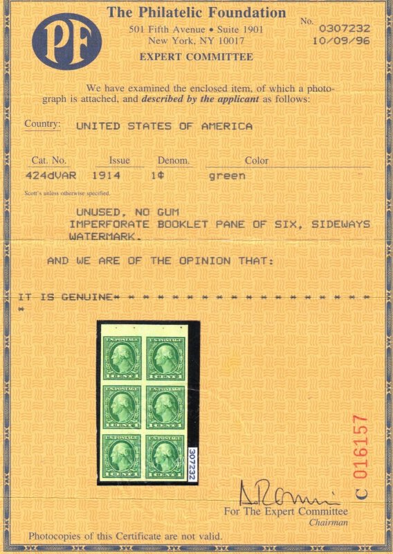 USA #424d Very Fine Mint Imperf Rare Unused (No Gum) Pane **With Certificate**