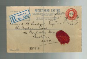 1921 London England Registered Letter Cover to Boston MA USA Red Wax Seal