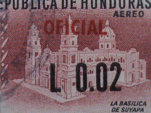 HONDURAS 1956-BASILICA OF SUYAPA-OVPT. SURCHARCH  USED BLOCK VF 66 YEARS OLD