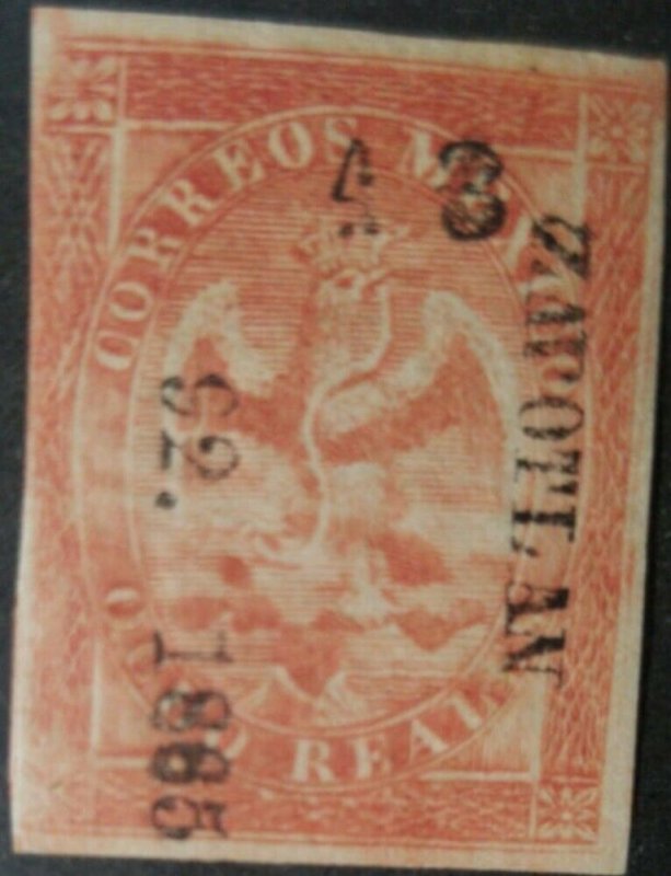 O) 1865 MEXICO, COAT OF ARMS, WITH DISTRIC ZAPOTLAN, USED XF 