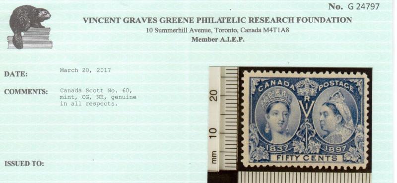 Canada #60 Never Hinged Mint **With Certificate**