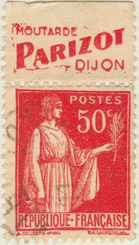 FRANCE - 1933 - pub PARIZOT sur Yv.283 50c Paix t.I obl. TB (A1)