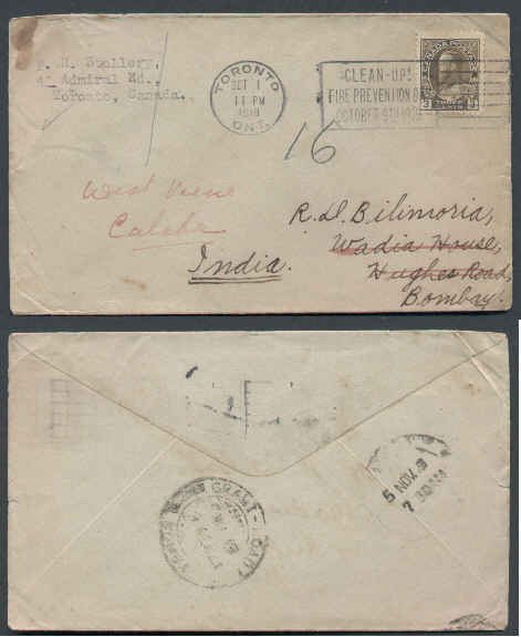 Canada-cover #6491-3c Admiral-India-Toronto,Ont-Oct 1 1919-3c BC letter rate-