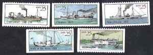 United States #2405-09 25¢ Steamboats (1989). Five booklet singles. MNH