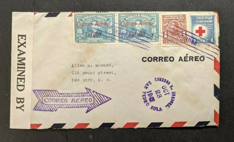 1942 San Pedro Sula Honduras Censored Airmail Cover to New York CIty Overprint