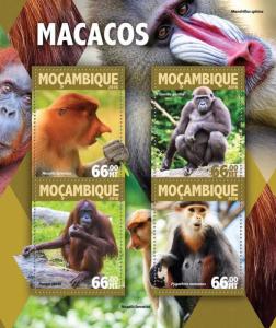 Mozambique 2016 MNH Monkeys Gorillas Orangutans 4v M/S Wild Animals Stamps