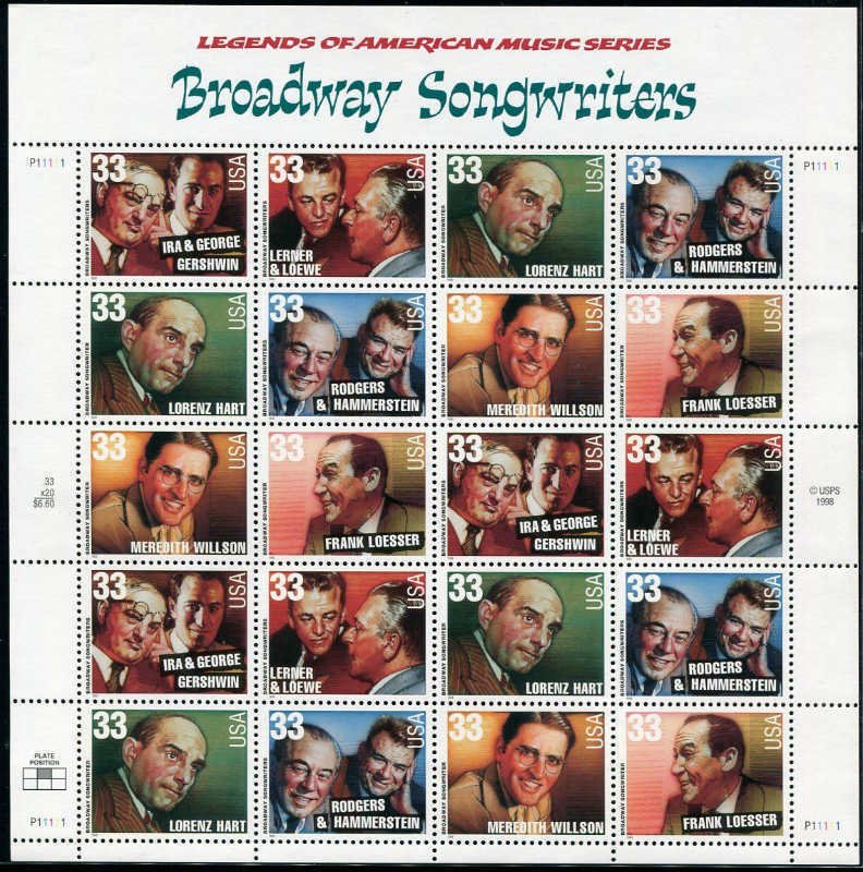 US Stamp - 1999 Broadway Songwriters - 20 Stamp Sheet - Scott #3345-50