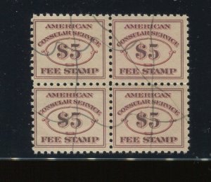 RK13 $5 Consular Fee Revenue Perf 10 Used Block of 4 Stamps with PF Cert (Bz798)