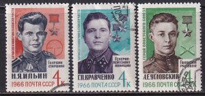 Russia 1966 Sc 3167-9 Soviet Heroes N Iljin G Kravchenko A Uglovsky Stamp CTO