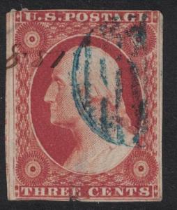 Scott 10- w/ 1851 Pen and Blue Cancel- Used, thins and tear- 3c Washington Stamp