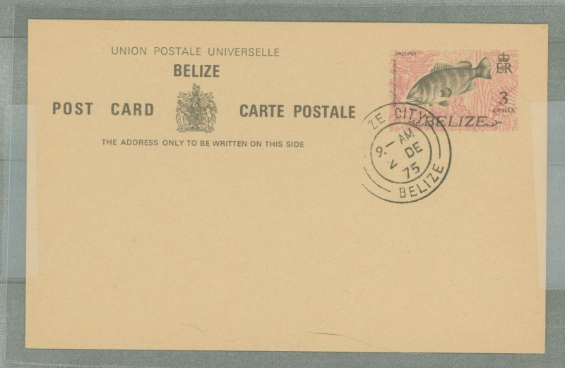 Belize  1975 3c postal card - Grouper fish; Belize City 2 DE 75 cancel