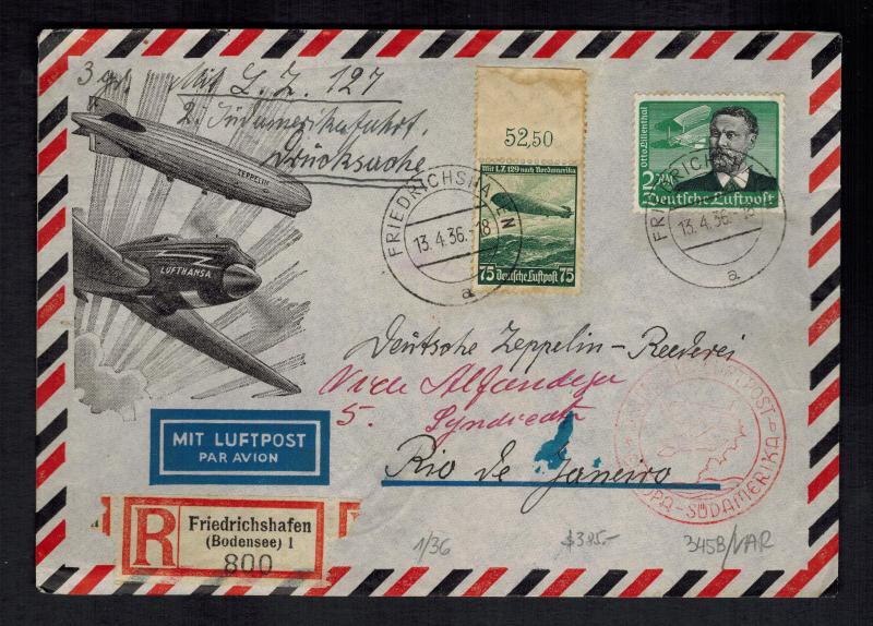 1936 Germany Graf Zeppelin Cover LZ 127 to Rio de Janeiro Brazil DZR