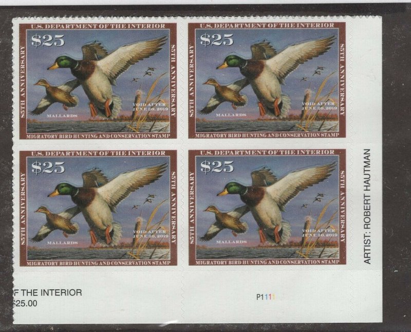 RW85 - Federal Duck Stamp. Plate Numbered Block Of 4.    #02 RW85PB4BR