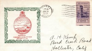 SPECIAL CACHET COMMEMORATING KANSAS' ADMISSION TO THE UNION 1940 CANCEL
