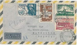 38216 - BRAZIL -  COVER  to France 1958 - UNO - TRAINS WARSHIP MILITARY