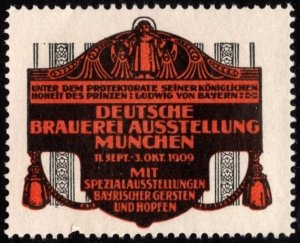 1909 Germany Poster Stamp German Brewery Exhibition Brewing Barley And Hops