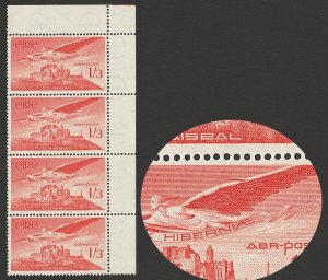 IRELAND 1948 Air 1/3 red-orange strip, bottom stamp 'Extra feather' variety. 