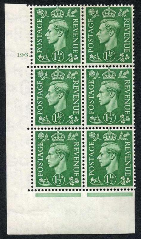 KGVI 1 1/2d pale Green Cylinder 196 dot U/M