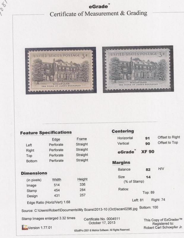 1081 3 cent Wheatland Buchanan mint OG NH EGRADED XF 90 XXF