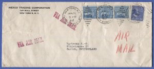 US 1947 Airmail Cover 45c rate, Prexy 30c + 5c x 3, New York  to Switzerland