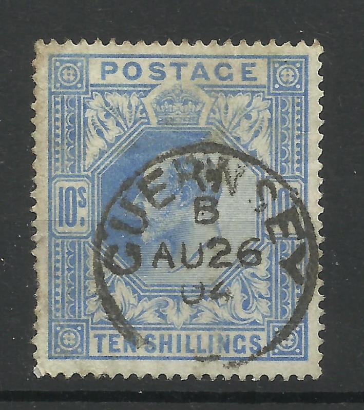 1902/10 De La Rue Sg 265, 10/- Ultramarine with Fine Guernsey CDS Good used.