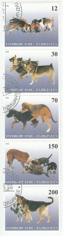 Tajikistan; 1998 Dogs Set Of 5 In Vertical Strip, 5 Vals, 12 To 200, CTO