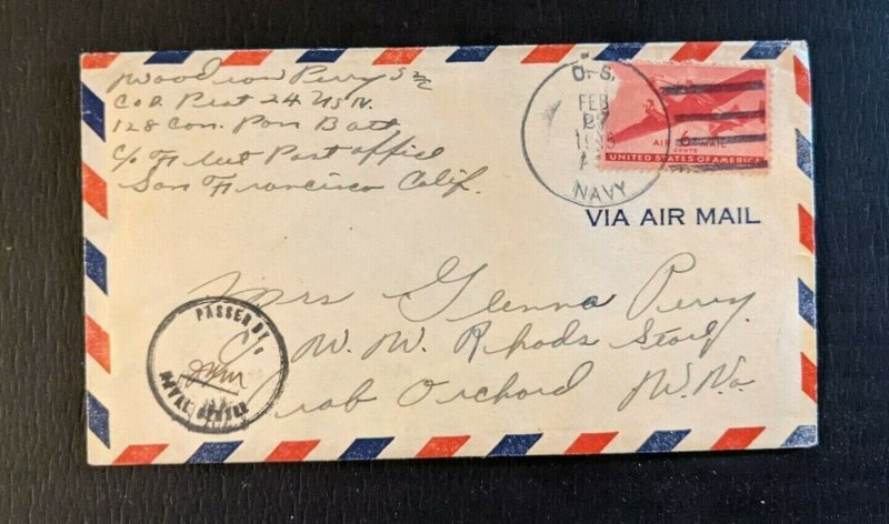 1945 US Navy FPO Censored Airmail Cover to Crab Orchard WV