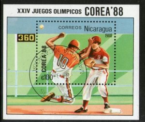 Nicaragua 1988 Seoul Olympic Baseball Sport M/s Sc 1692 Cancelled # 361