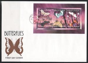 Antigua, Scott cat. 2623. Butterflies sheet on a Large First day cover.