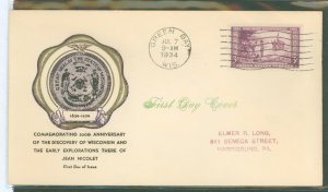 US 739 1934 3c Wisconsin Tercentenary On An Addressed FDC With A Rice Cachet