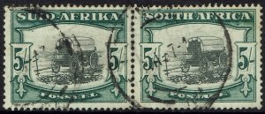 SOUTH AFRICA 1933 OX WAGON 5/- PAIR WMK INVERTED UNSCREENED PRINT USED  