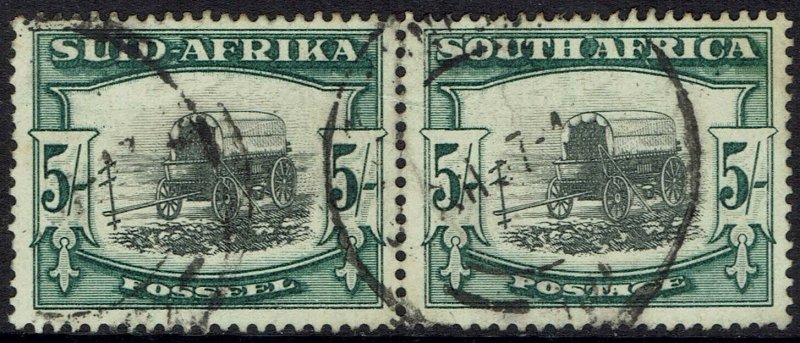 SOUTH AFRICA 1933 OX WAGON 5/- PAIR WMK INVERTED UNSCREENED PRINT USED  