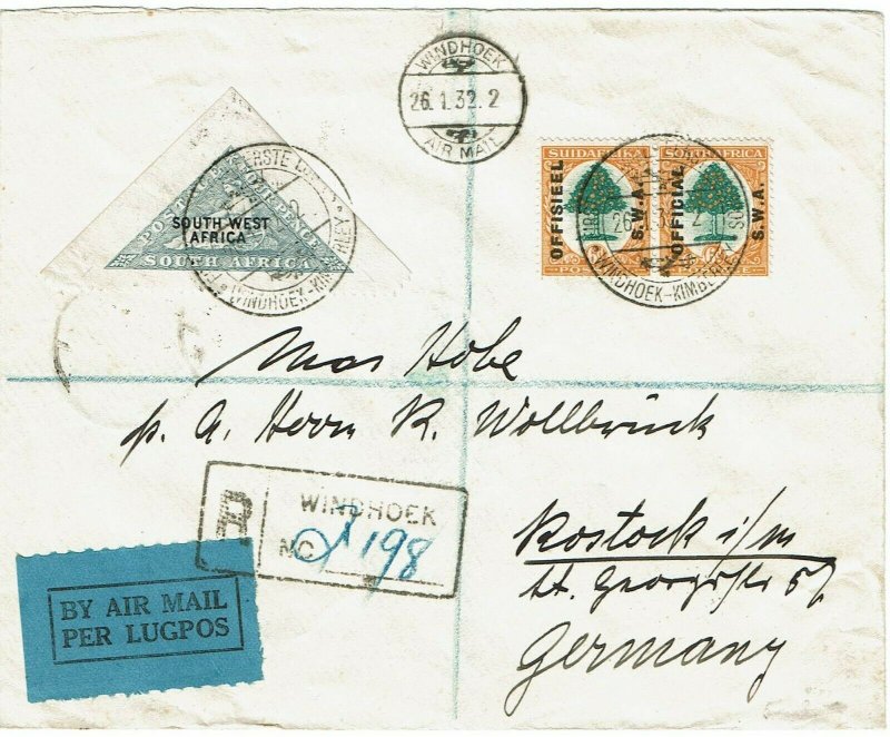 South West Africa 1932 Windhoek cancel on registered, airmail first flight cover