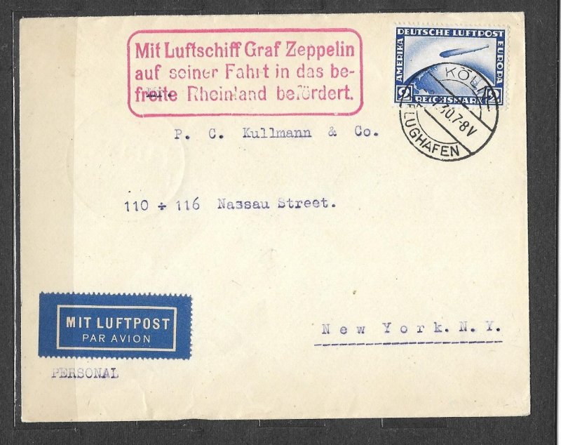 GERMANY-1930,GRAF ZEPPELIN LIBERATED RHINELAND FLIGHT, DROP MAIL OVER KOBLENZ.