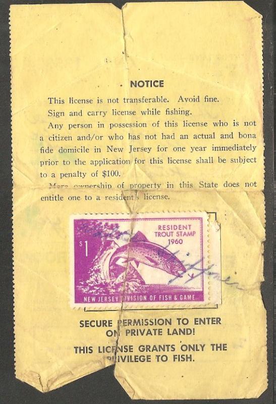 US NJT15 New Jersey Trout Revenue on License - 1960 - Crease