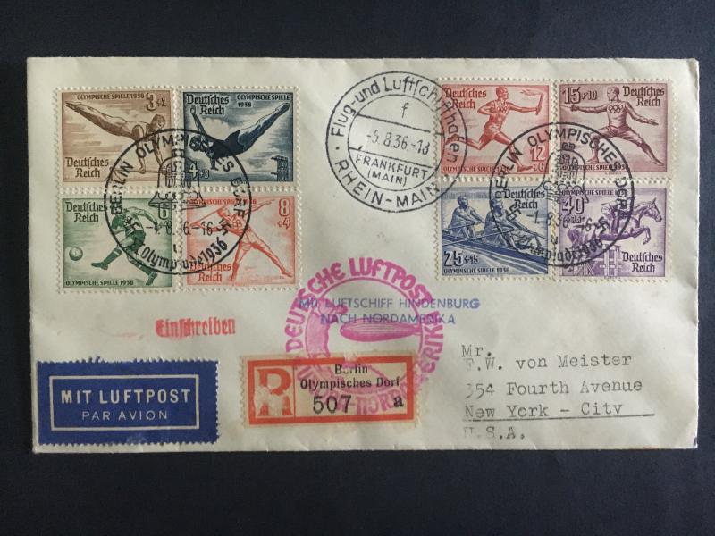 1936 LZ 129 Germany Hindenburg Zeppelin Olympics Cover to USA Full set # B82-B89