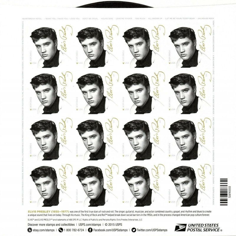 U.S. 5009 Elvis Presley 2015 Forever Sheet of 16 VF-XF MNH